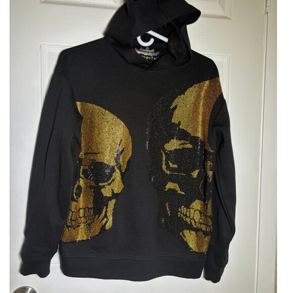 Heads or Tails Long Sleeve Hoodie (Blinged Gold Skulls) Black women's Sz Small - Picture 1 of 7
